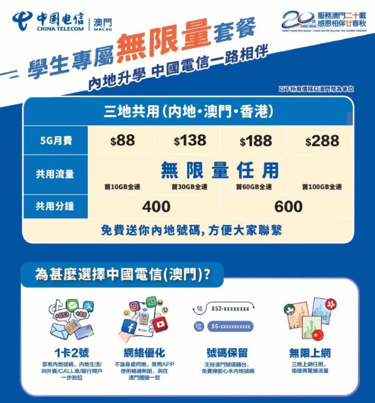 卡友投稿：香港，澳门卡内容：精選5G 一卡兩地(中國內地和香港)服務計劃🌟🌟🌟👉$229 5G 極速/100GB（中國內地同香港共用）✅簽24個月合約✅本地極速100GB 其後5Mbps無限數據✅無限本地通話分鐘✅免$18行政費✅中國內地接聽來電/於中國內地致電內地/香港每月500分鐘🌟優惠部特別優惠🌟🎁送：免費一卡兩號（內地號碼）免一個月+20000《消息来源》卡圈论坛网址：