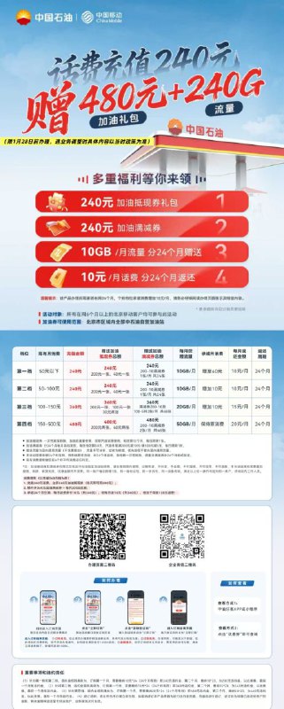 ㊙️卡友投稿：马上扫码，加油月月省，流量用不停！🚗💨根据您的消费情况每月小加价，预存话费，最高可享960元加油礼包与每月50GB流量。⛽️ 得加油券：含油品抵现券 + 月月满减券📡 赠流量：每月自动到账国内通用流量💳 返话费：预存金额分月返还参与简单：承诺在网24个月对应低消金额 → 扫码匹配档位 → 立即开通📍 注：加油券限北京中石油使用，提前解约有违约金，详情见活动页。（可加专属企微咨询详情）活动限时：1月28日前👇 扫码立即查看你的专属福利并办理✳️北京本地交流群：853697143✳️羊毛企鹅🐧裙：750531719✳️神车企鹅🐧爆料群：512388227❇️免费神卡：点击领取✳️《最新神车爆料》： 